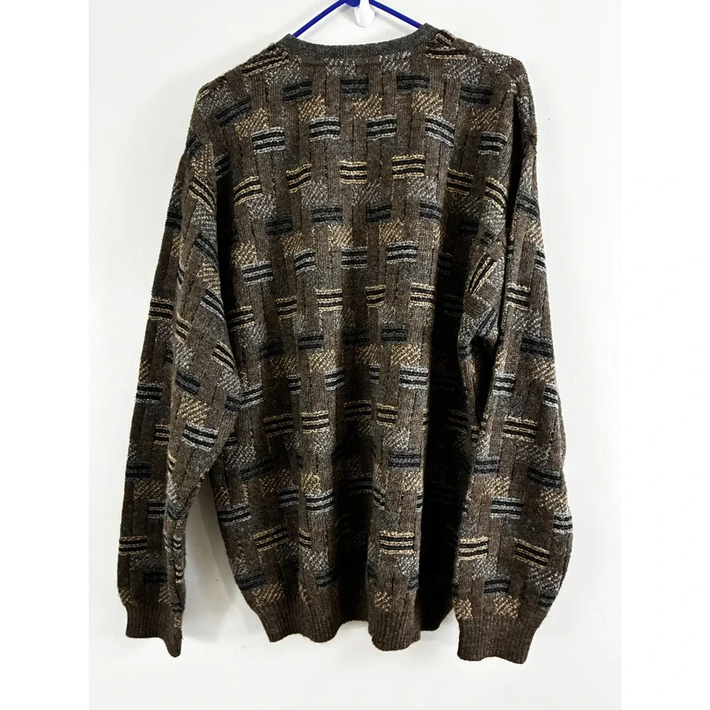Cellinni V-Neck Sweater Mens XL Brown Wool Alpaca Blend Geometric Made in Italy